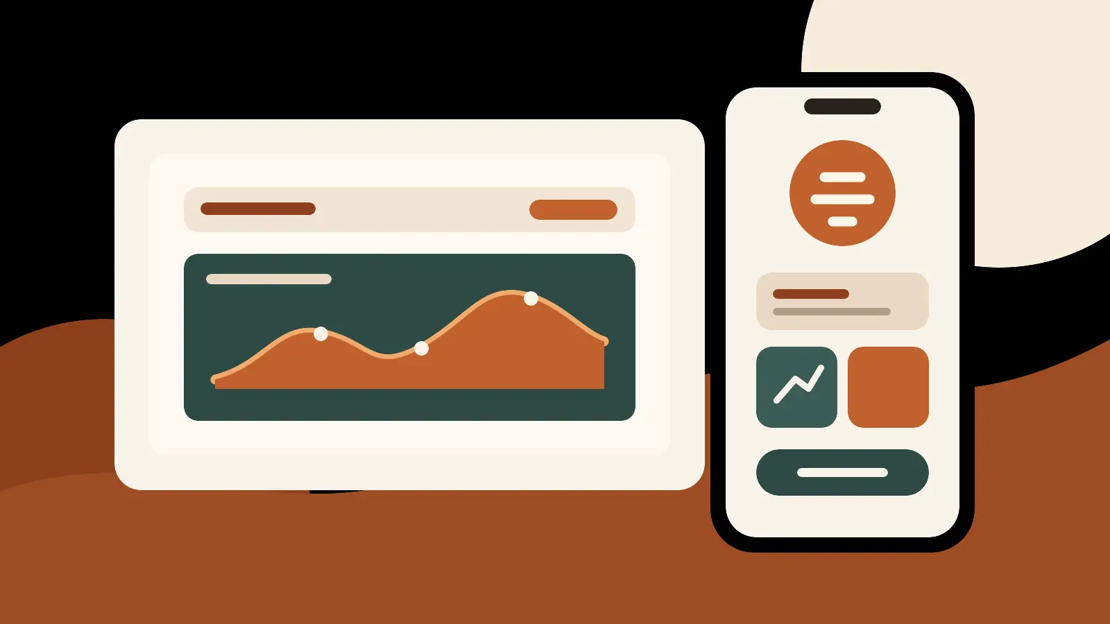 Mobile banking experience beside a website performance dashboard